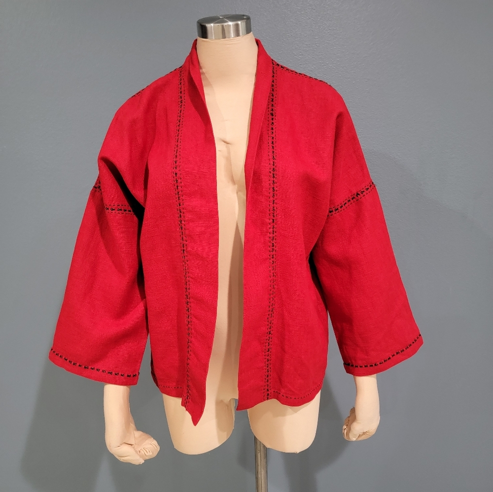 Peacock Ways linen embroidered open jacket M